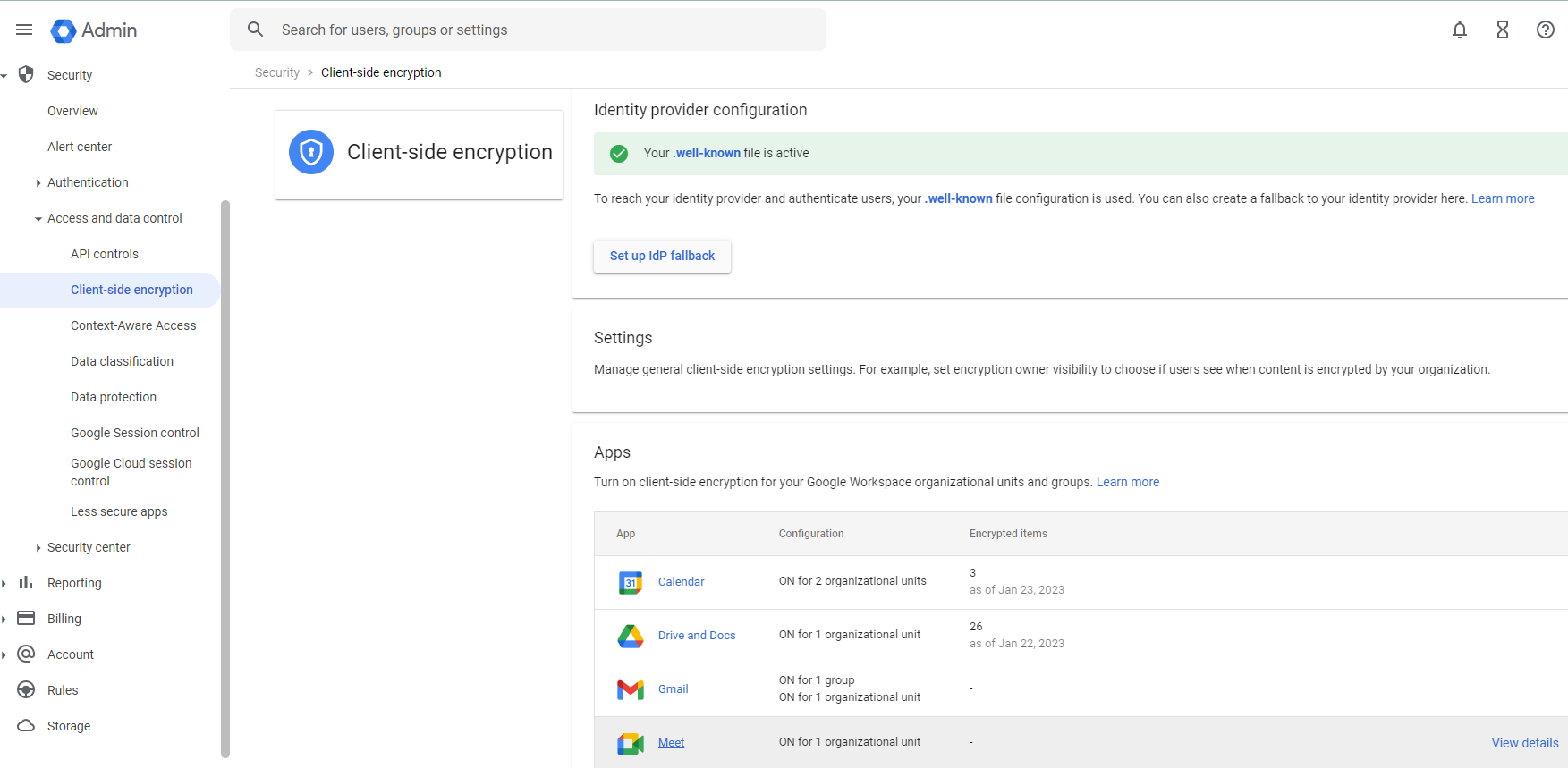 Activation window for encryption for Google Drive, Meet, Calendar