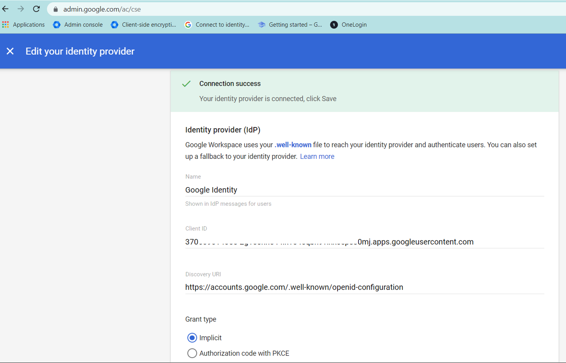 Configuration window for the identity provider in the Google administration console