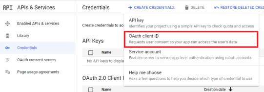 Menu de création de l'ID client OAuth