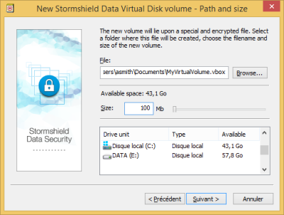 Creating a virtual disk: selecting the path and size