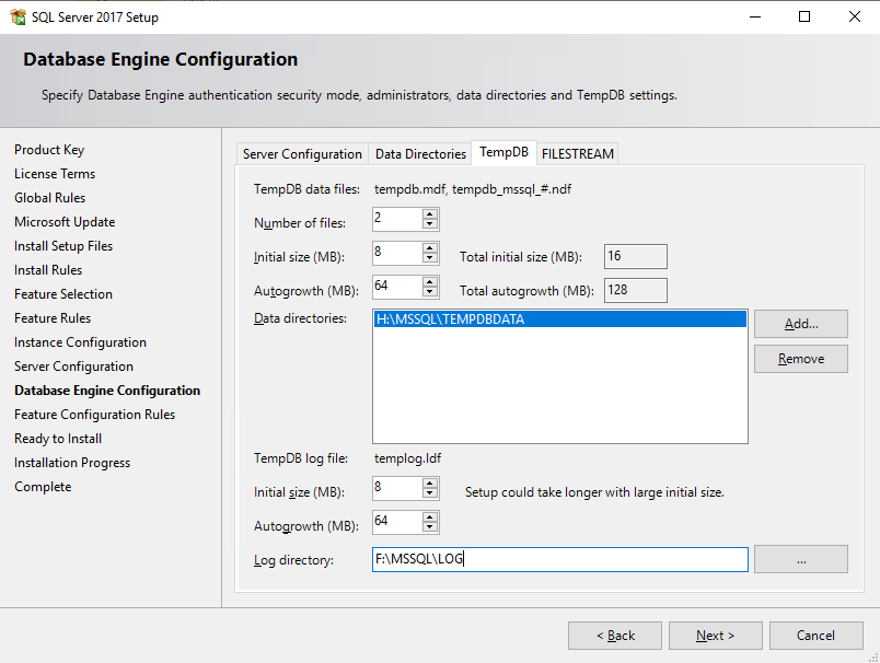 Database engine configuration window - TempDB tab