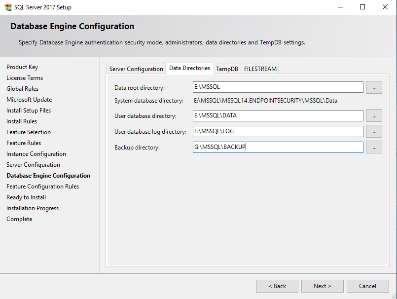 Database engine configuration window