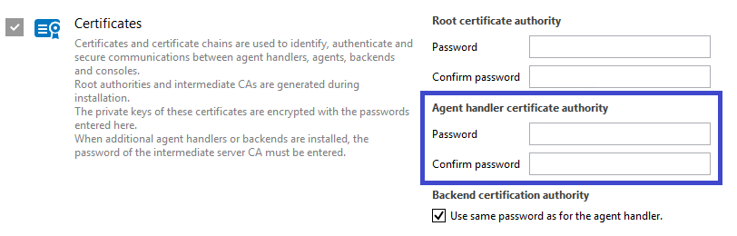 Installation Center window where the password has been chosen