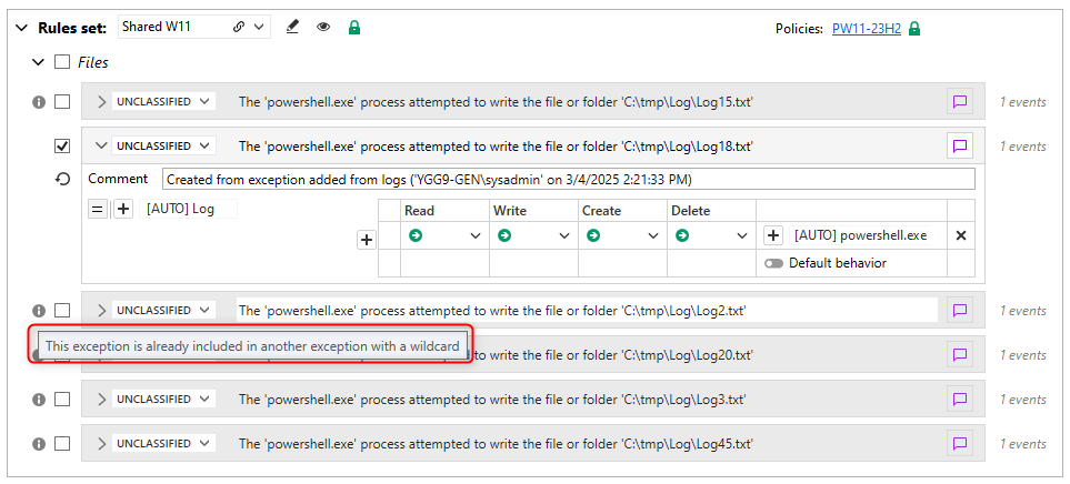 Exception wizard on similar logs with rules unchecked