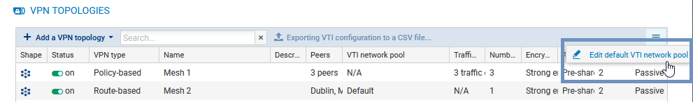 menu Edit default VTI network pool