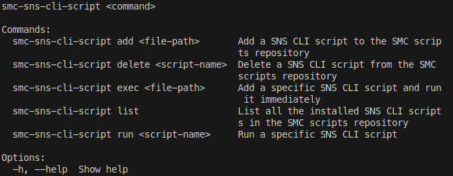 Liste des commandes pour les scripts CLI SNS