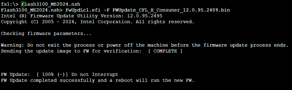 In the command prompt, run the executable file Flash3100_ME2024.nsh