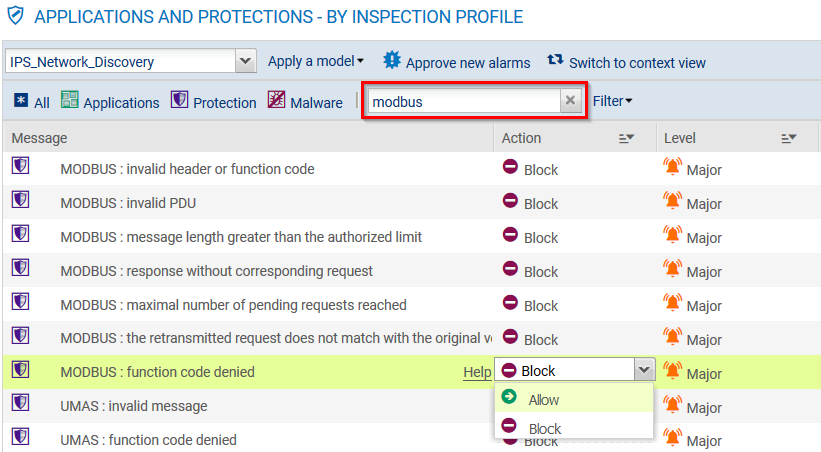 Modification de l'alarme Function code denied de Modbus