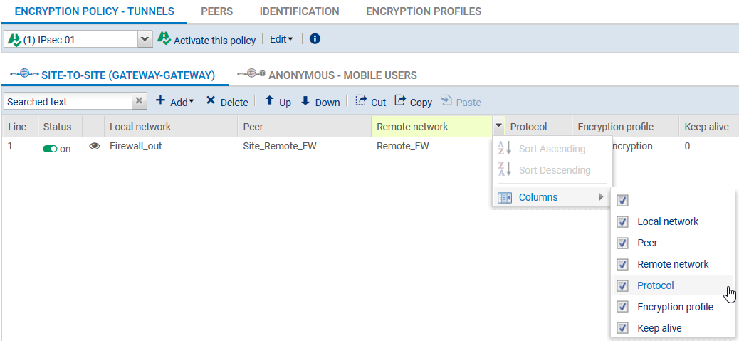 Protocol column for Site-to-site tunnels