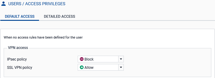 Screen to configure default access privileges on an SNS firewall in version 5
