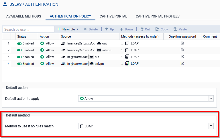 Screenshot showing an example of an authentication policy on an SNS firewall in version 5. The method to use if no rules match is framed in red.