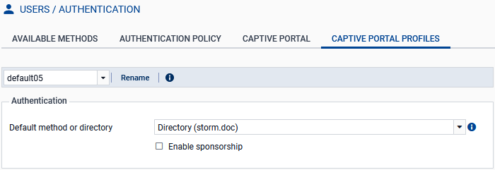 Screen showing the window to configure captive portal profiles on an SNS firewall in version 5