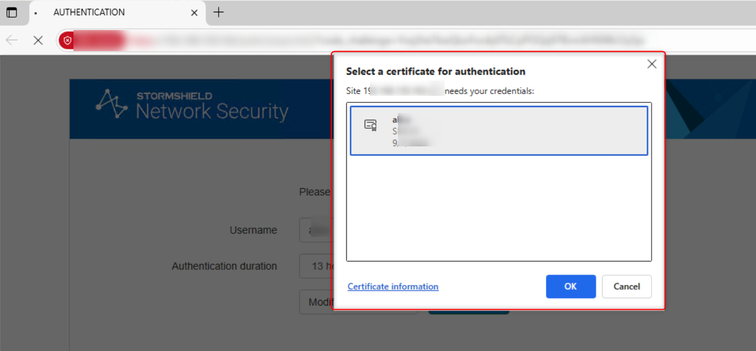 Screen showing the window to select the certificate to use for authentication