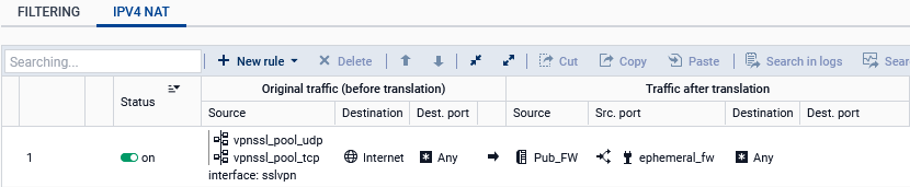 Screen showing the configurationof the NAT policy on an SNS firewall in version 5