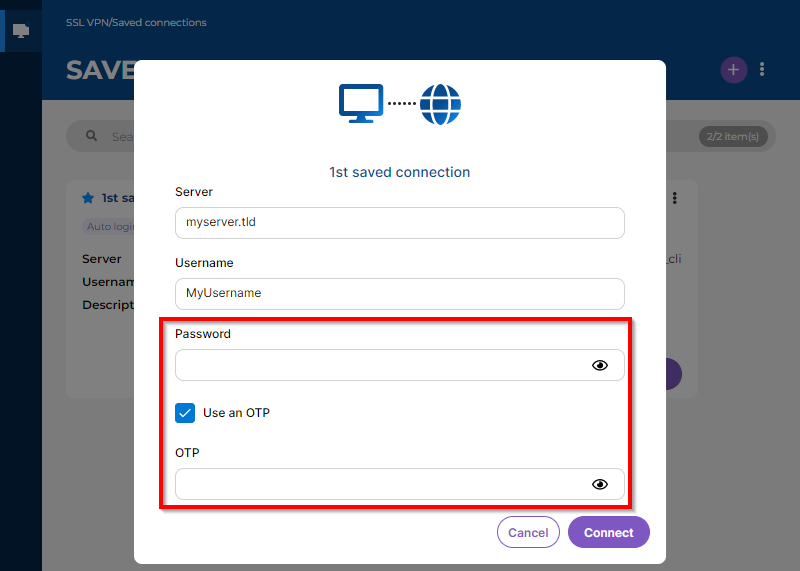 Screen showing the connection window of the Stormshield SSL VPN client v5. The Use an OTP checkbox is selected.