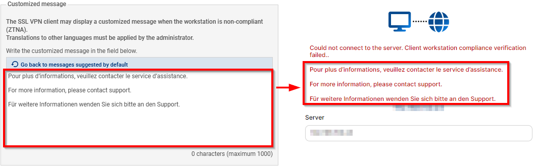 Screen to customize the message indicating non-compliance with the client workstation verification policy on an SNS firewall in version 4