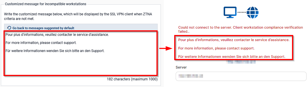 Screen to customize the message indicating non-compliance with the client workstation verification policy on an SNS firewall in version 5