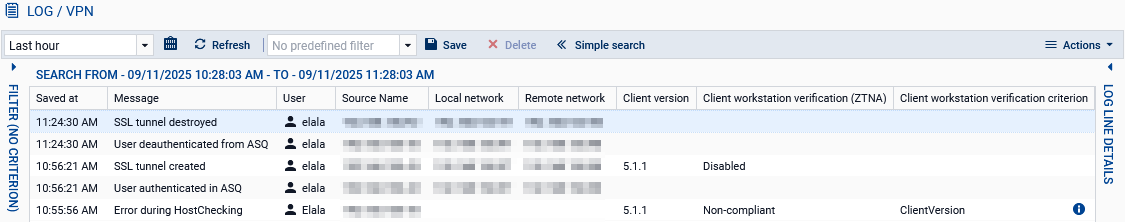 Screenshot of VPN logs on an SNS firewall in version 5