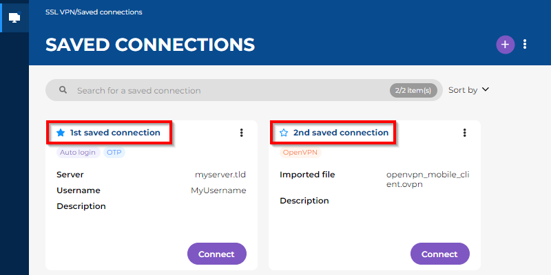 Image of the Saved connections menu, in which favorite connection icons are framed