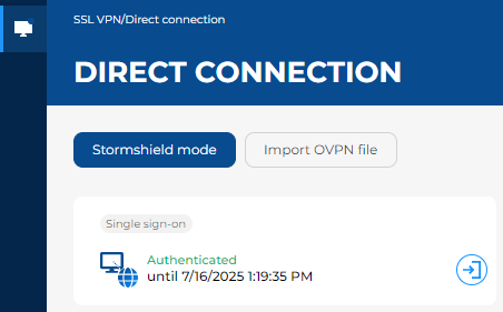 Image showing the Direct connection menu, in which the user is currently authenticated