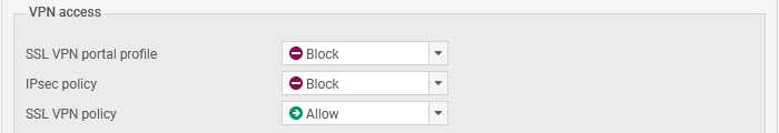 Screen showing default access privileges on an SNS firewall in version 4