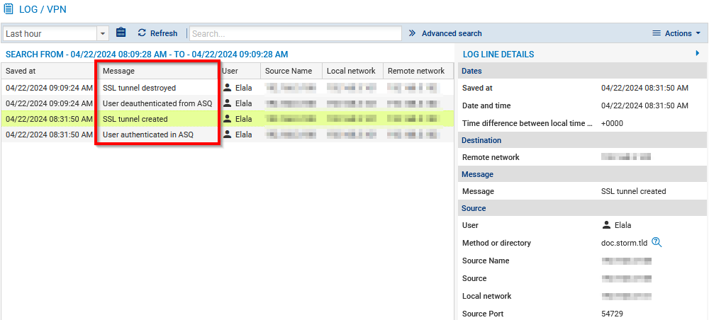 Screenshot of VPN logs on an SNS firewall in version 4