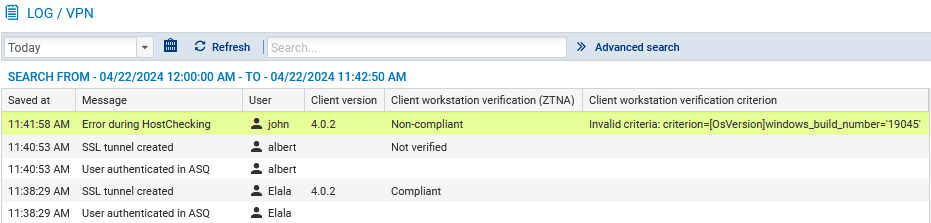 Screenshot of VPN logs on an SNS firewall in version 4