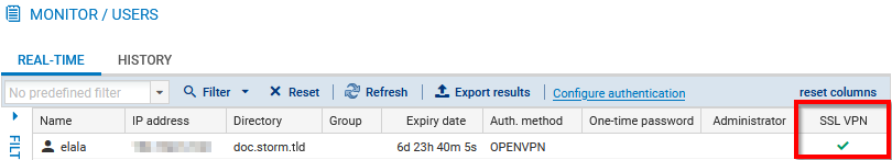 Screen showing monitoring of users connected on an SNS firewall in version 4