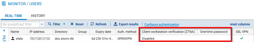 Screen showing monitoring of users connected on an SNS firewall in version 4