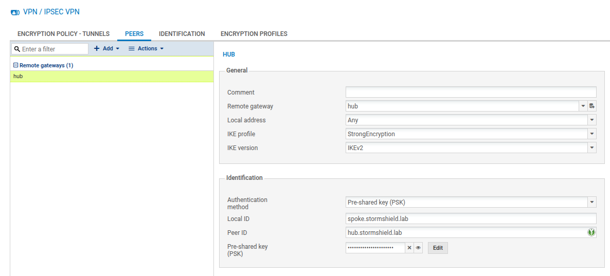 Main hub peer on the spoke and PSK authentication