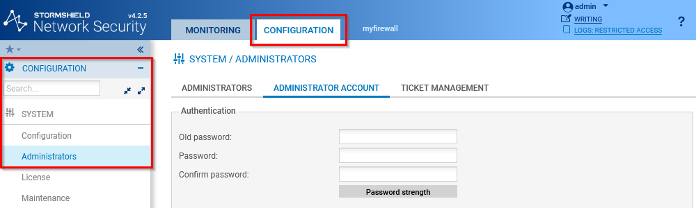 Changing the administrator password in version 4