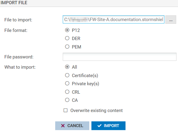 Fenêtre d'import de fichier pour Certificats et PKI