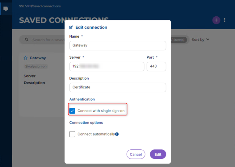Écran montrant la fenêtre d'édition d'une connexion enregistrée du client VPN SSL Stormshield v5. La case Se connecter avec l'authentification unique est encadrée.