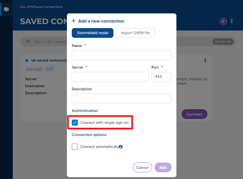 Écran montrant la fenêtre d'ajout d'une connexion enregistrée du client VPN SSL Stormshield v5. La case Se connecter avec l'authentification unique est encadrée.