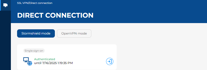 Image du menu Connexion directe.Un utilisateur est actuellement authentifié.