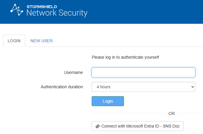 Écran montrant la fenêtre de choix d'authentification du portail captif du firewall SNS