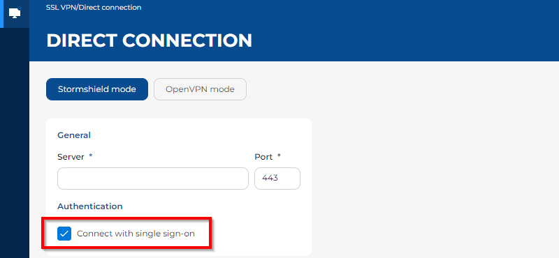 Écran montrant le menu Connexion directe du client VPN SSL Stormshield v5. La case Se connecter avec l'authentification unique est cochée.