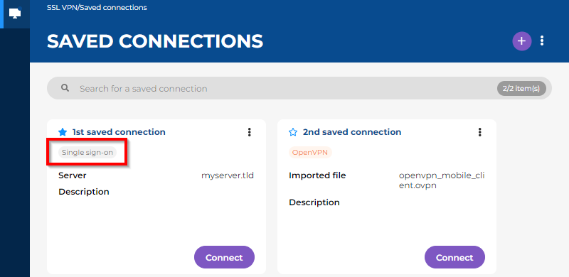 Écran montrant le menu Connexions enregistrées du client VPN SSL Stormshield v5. L'étiquette Authentification unique est encadrée.