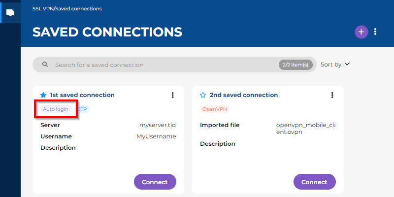 Image du menu Connexions enregistrées, où l'étiquette Connexion automatique est encadrée