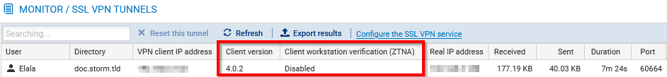 Écran de supervision des tunnels VPN SSL sur un firewall SNS en version 4