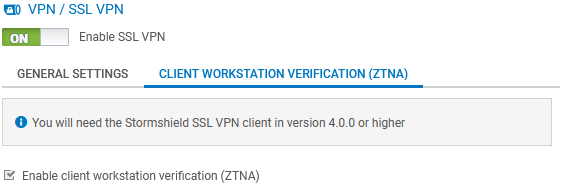 Écran de la politique de vérification de la conformité des postes clients sur un firewall SNS en version 4