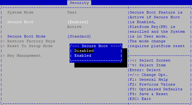 Image de la fenêtre de désactivation de Secure Boot dans le BIOS d'un firewall SNS