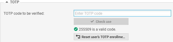 Écran permettant de vérifier la validité d'un code TOTP