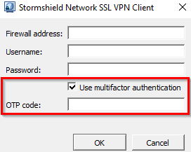 Fenêtre de connexion du SN SSL VPN Client où le code TOTP doit être renseigné