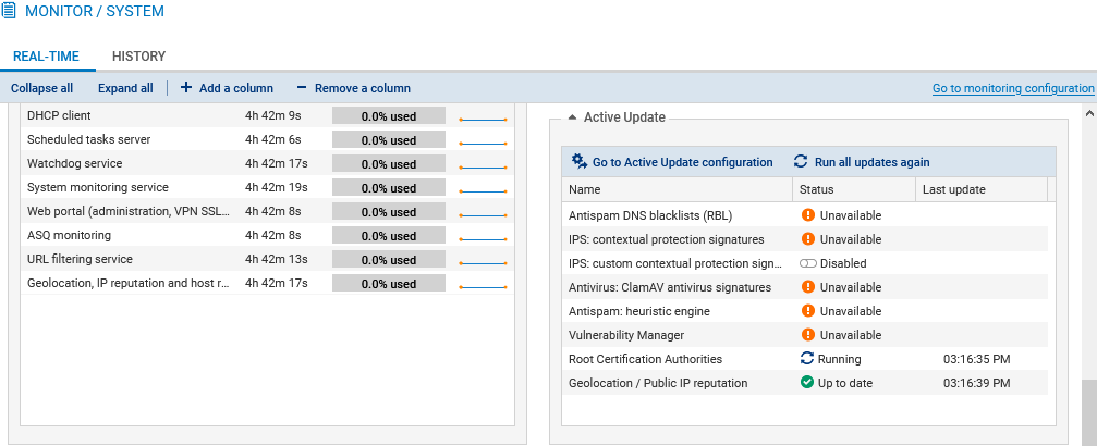 Fenêtre du cadre Active Update dans le Monitoring du firewall