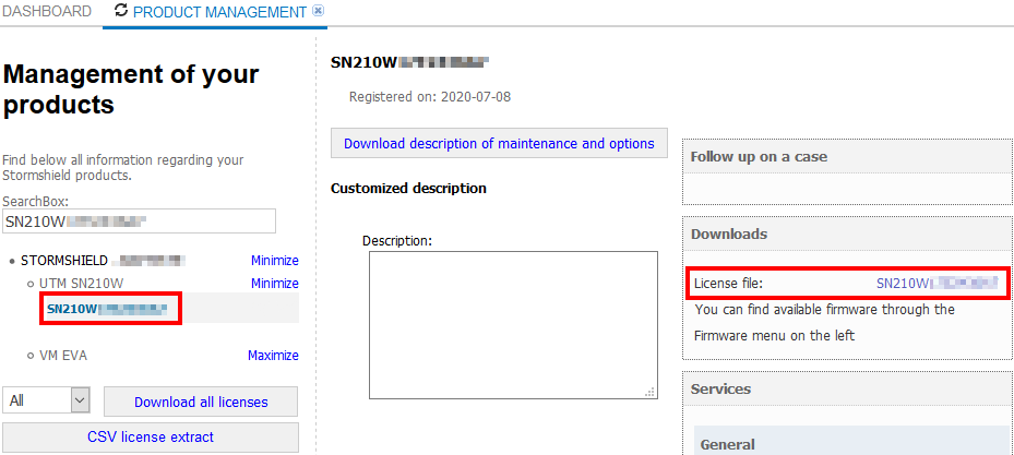 Fenêtre de téléchargement du fichier de licence du firewall