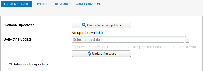 Fenêtre d'installation de mise à jour d'un firewall en version 3