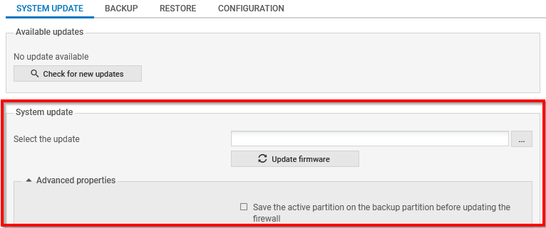 Window to select the update file (.maj) on the SNS firewall