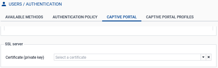 Screen showing the configuration of the captive portal's SSL server on an SNS firewall in version 