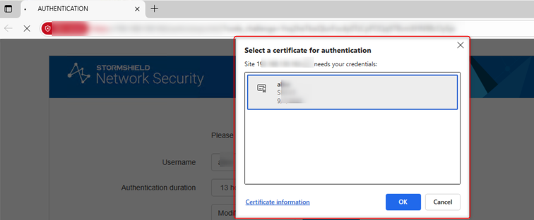 Screen showing the window to select the certificate to use for authentication